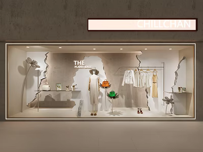 Fashionable Clothing Store Window Display with Mannequin Hanging Apparel Green Plant and Cracked Wall 3d model