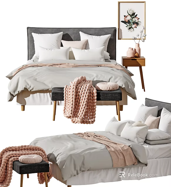 Cozy Double Bed Interior With Soft Pillows Knitted Blanket And Nightstand Decorative Vase 3d model 