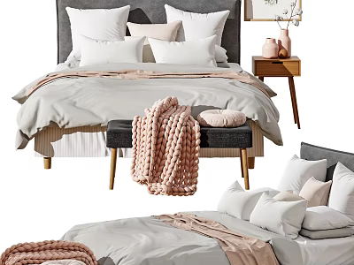 Cozy Double Bed Interior With Soft Pillows Knitted Blanket And Nightstand Decorative Vase 3d model