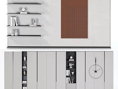 Modern Bookcase Design With Open Shelves Closed Cabinets And Decorative Clock 3d model
