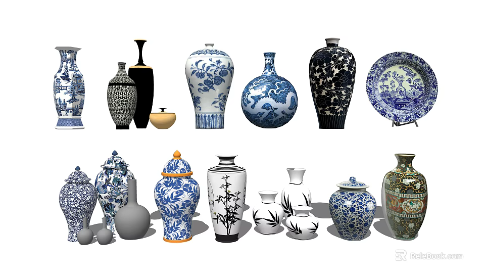 Traditional Ceramic Vessels Featuring Blue And White Dragon Bamboo Patterns With Vases Plates And Jars 3d model 