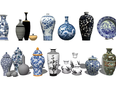 Traditional Ceramic Vessels Featuring Blue And White Dragon Bamboo Patterns With Vases Plates And Jars 3d model
