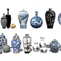 Traditional Ceramic Vessels Featuring Blue And White Dragon Bamboo Patterns With Vases Plates And Jars