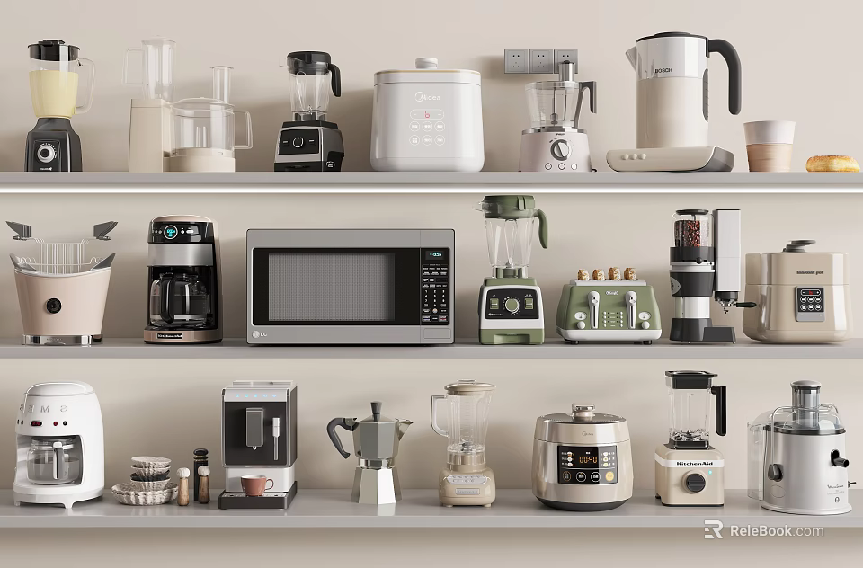 Organized Modern Kitchen Appliances On Shelf With Coffee Maker Microwave And Blender 3d model 