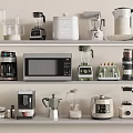 Organized Modern Kitchen Appliances On Shelf With Coffee Maker Microwave And Blender