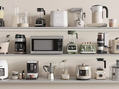 Organized Modern Kitchen Appliances On Shelf With Coffee Maker Microwave And Blender 3d model