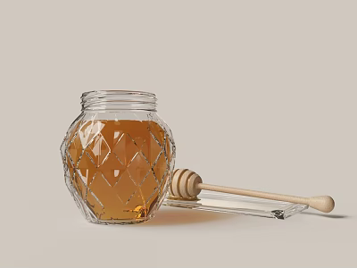 Natural Honey In Glass Jar With Wooden Dipper On Neutral Background 3d model