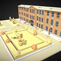 Cartoon style Orange Building With Trees Lawns And Scattered Fallen Leaves In Courtyard