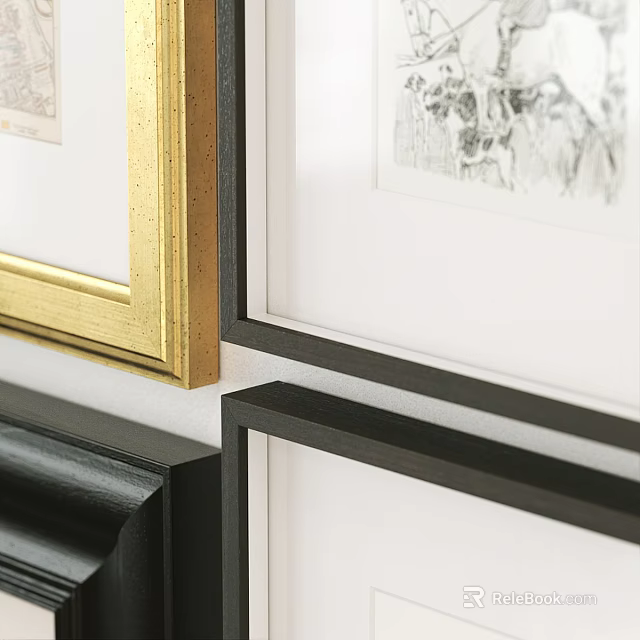 Abstract Paintings in Gold and Black Frames Featuring Black White Artwork 3d model