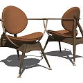 Two Brown Leather Leisure Chairs With Modern Wooden Frame And Metal Legs