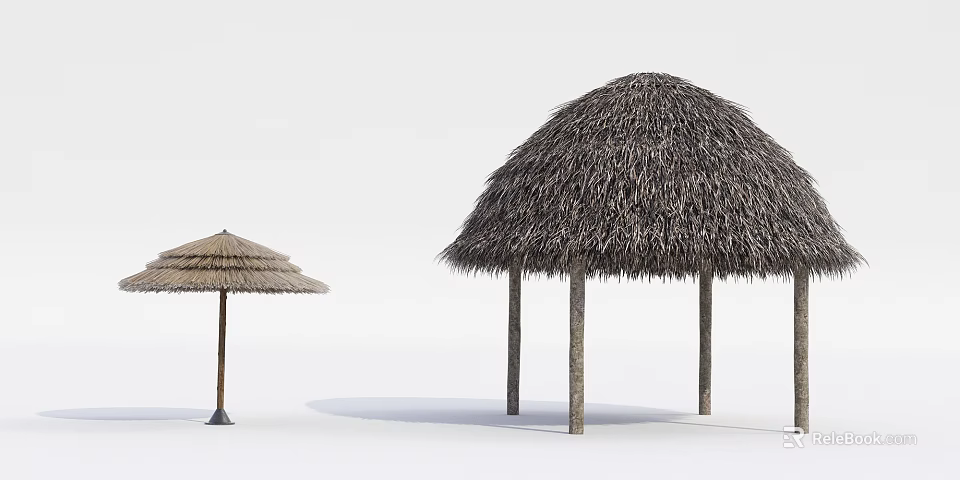 Straw Umbrella And Straw Roofed Pavilion With Wooden Pillars On White Background 3d model 