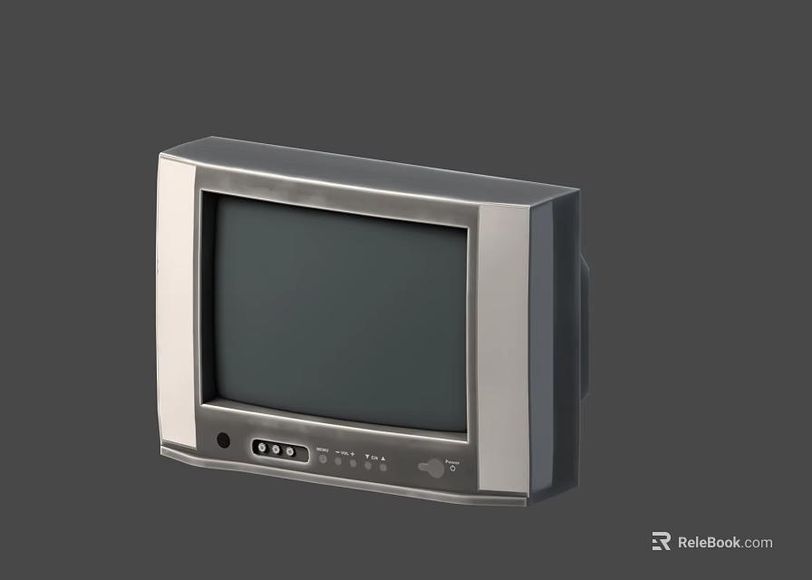 Vintage CRT Television With Silver Frame Black Screen And Front Control Buttons Design 3d model 