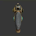 Ornate Fantasy Gun With Orange Wooden Grip Blue Barrel Green Gemstone And Golden Accents