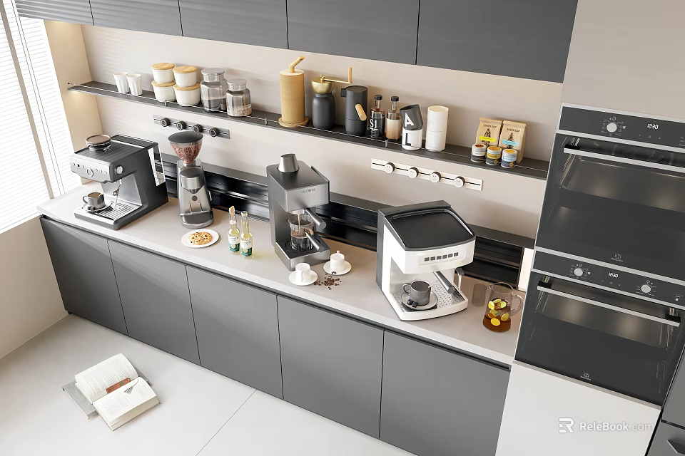 Modern Kitchen Appliances On Countertop Gray Cabinets Open Shelves Jars 3d model 