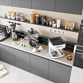 Modern Kitchen Appliances On Countertop Gray Cabinets Open Shelves Jars