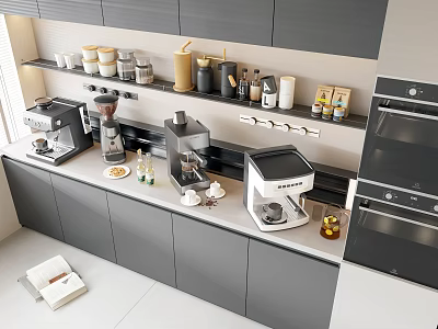 Modern Kitchen Appliances On Countertop Gray Cabinets Open Shelves Jars 3d model