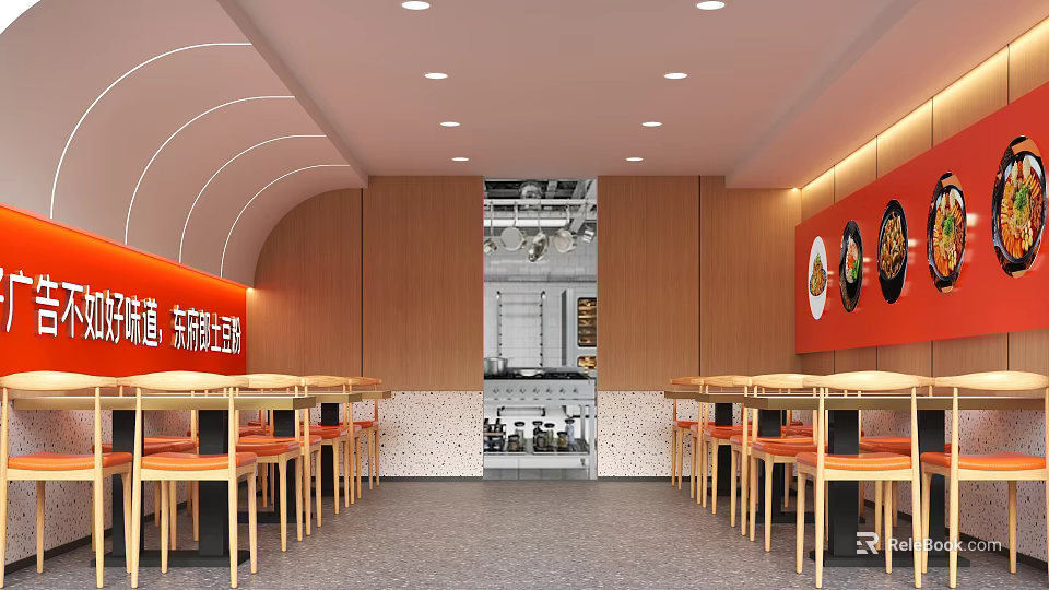 Modern Restaurant Interior With Open Kitchen Orange Seats Wooden Walls And Red Decorative Panels 3d model 
