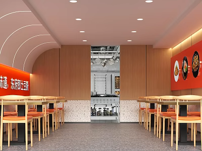 Modern Restaurant Interior With Open Kitchen Orange Seats Wooden Walls And Red Decorative Panels 3d model