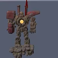 Mech Robot With Glowing Core Red Flag And Rocky Legs Stands By Coastal Bridge