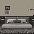 Modern Minimalist Double Bed With Dark Headboard Pillows Nightstand Lamp And Wall Paintings
