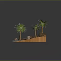 Cartoon Beach Scene With Palm Trees Rocks Small Boat Wooden Dock And Barrels