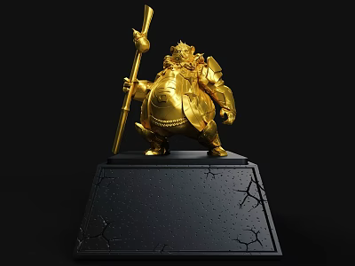 Golden Sculpture Carving Of Armored Figure Holding Staff On Black Cracked Base 3d model