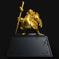 Golden Sculpture Carving Of Armored Figure Holding Staff On Black Cracked Base