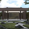 Traditional Chinese Wooden Pergola Design with Lattice Screens Stone Pathway and Green Lawn Surrounded by Trees
