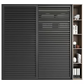 Black Louvered Door Wardrobe With Open Shelves Hanging Rods And Storage Boxes