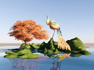 Landscape Sculpture With Peacock Orange Tree Green Rocks And Water Reflections 3d model