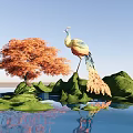 Landscape Sculpture With Peacock Orange Tree Green Rocks And Water Reflections