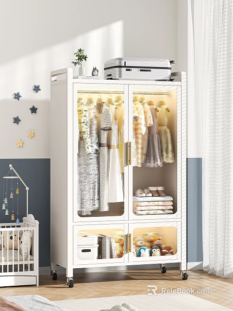 Modern Kids Room Wardrobe With Glass Doors And LED Lighting For Clothes Storage 3d model 