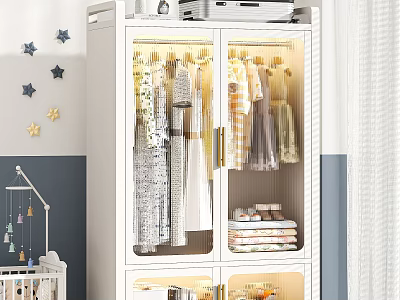 Modern Kids Room Wardrobe With Glass Doors And LED Lighting For Clothes Storage 3d model