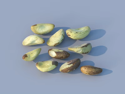 Shelled Pistachio Nuts with Green and Brown Hues Scattered on Light Blue Background 3d model