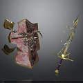 Pink Shield With Golden Accents And Shattered Design Alongside Glowing Golden Sword
