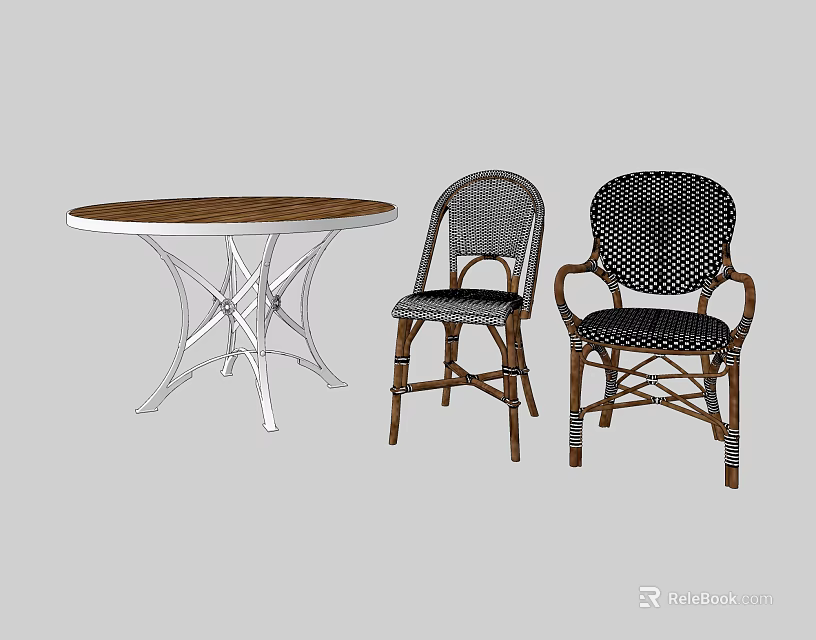 Round Wooden Top Table With White Metal Legs And Wicker Rattan Chairs Set 3d model 