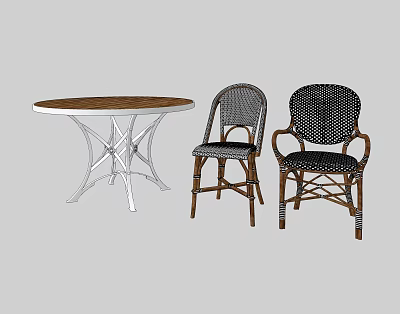 Round Wooden Top Table With White Metal Legs And Wicker Rattan Chairs Set 3d model