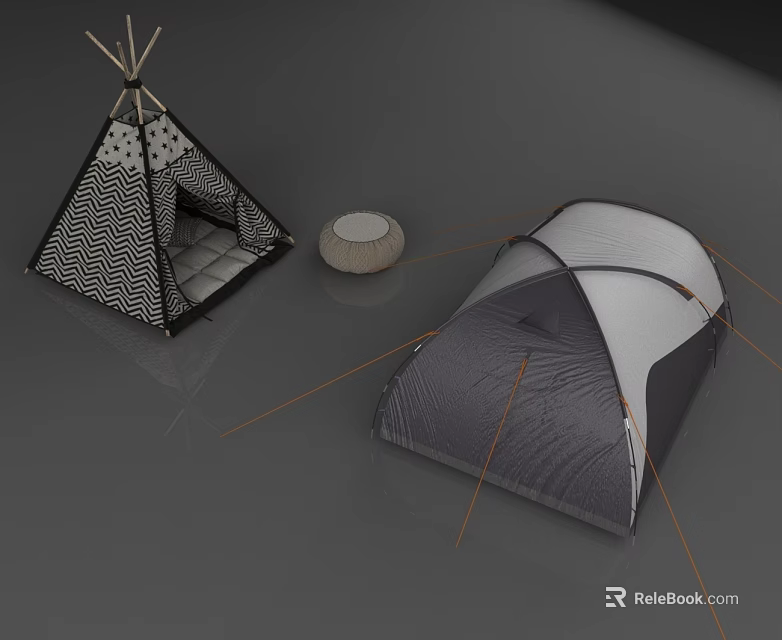Portable Camping Tent Flat Door Design With Teepee Tent And Small Round Cushion 3d model 