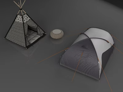 Portable Camping Tent Flat Door Design With Teepee Tent And Small Round Cushion 3d model