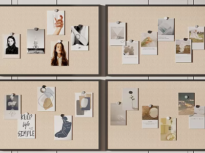 Decorative Photo Wall with Various Photos and Clips on Corkboard Panels 3d model