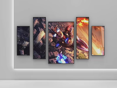 Abstract Paintings Wall Art Decor Five Panel With City Mechanical Flame And Light Elements 3d model