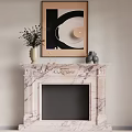 Elegant Marble Fireplace With Decorative Carvings Mantel Vase Dried Flowers And Modern Geometric Artwork