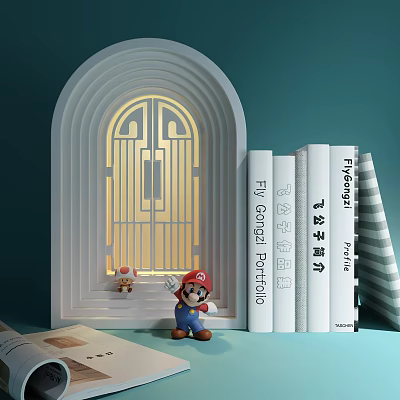 Decorative Ornament Combination with Arched Illuminated Structure Books and Mario Figurine 3d model