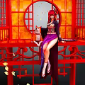 Red Haired Woman In Traditional Purple Dress With Cat On Red Chinese Architecture Platform