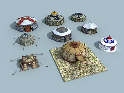 Multiple Traditional Yurts In Different Styles With Decorative Patterns And Stone Ground 3d model