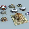 Multiple Traditional Yurts In Different Styles With Decorative Patterns And Stone Ground