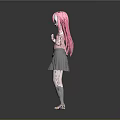 Anime Game Character With Pink Long Hair Blue Eyes Pink Hoodie And Gray Pleated Skirt