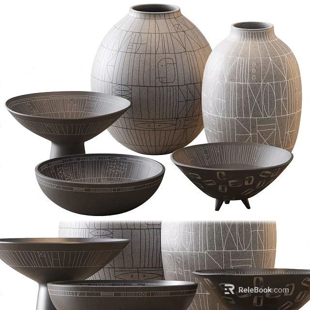 Ceramic Vessels With Geometric Patterns And Various Shapes For Home Decoration 3d model