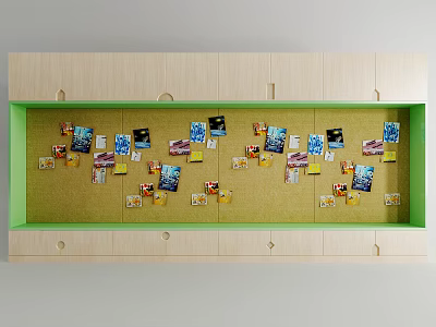 Wooden Decorative Cabinet With Green Corkboard Panel Photos Cards and Drawers 3d model