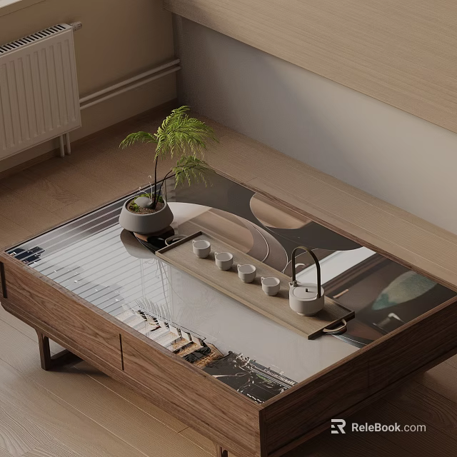 Modern Minimalist Sofa Coffee Table Set With Wooden Frame Tea Cups Teapot And Potted Plant 3d model 